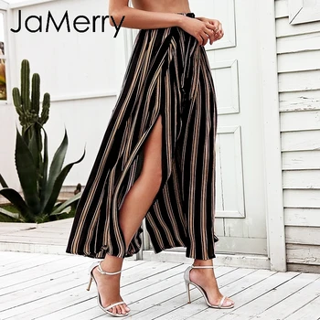 JaMerry Stribet høj talje foråret pants kvinders Afslappet plisserede bred ben bukser bukser 2019 Sommer strand split smarte bukser til kvinder