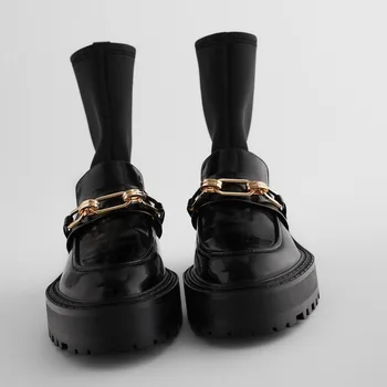Slank Strække Loafers Sok Støvler 2020 Brand Designer Sort Læder Strikket Ankel Støvler til Kvinder Metal Kæde Platform Sko Kvinde