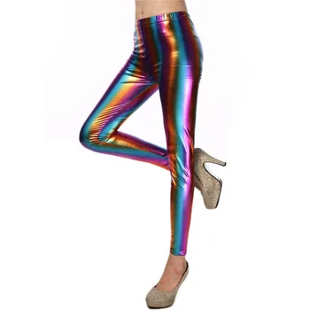 Holografisk Glitter Pu Lange Bukser Regnbue Farve Stribet Elastisk Blyant Bukser Sexede Kvinder, Tynde Bukser Streetwear 2019 Falder