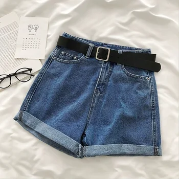 Vintage Løse Kvinder Denim Shorts koreansk Stil Crimpning Høj Talje, Brede Ben Jeans, Bælte Kvindelige W52