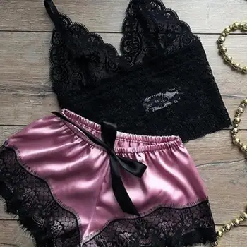 2020 Nye Mode Pyjamas Sæt Sexy Lace Bra Delt To-delt Undertøj Nightdress Underwear Nattøj Satin Cami Top Femme
