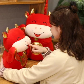 2021 År Kinesiske Stjernetegn Røde Okse Kvæg Plys Legetøj Formue Ko Mascot Bløde Dukke Fyldte For Børn, Kids Fødselsdag/Nytår Gave