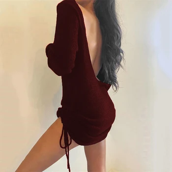 Nye Sommer Damer Backless Sweater Kjole Sexet U-neck Halter Snor Solid Farve Sweater Mini Kjole Femme Kjole 2020 Mode