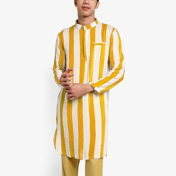 2021 Mænd Stripe Klæder Lange Ærmer Stå Krave Lange Skjorter Mand Casual Lommer Kurta Mode Musselin Kaftan Robe Indisk Tøj