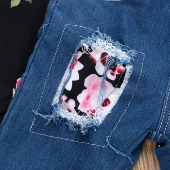 Pudcoco 2stk Kids Baby Pige Sommer Tøj Blomster kortærmet T-Shirt, Top+slidte Jeans Tøj Sæt Barn