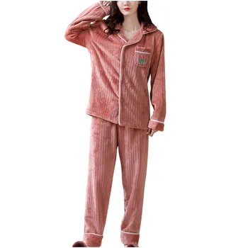 Pyjama pour femme Damer Mode Flannel Solid Print Lomme med Lange Ærmer+ Lange Bukser, Pyjamas, der Passer