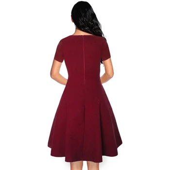 MISSJOY Elegante Damer Sommeren V-Hals, korte ærmer A-linje, fest kjoler Kvinder, Rockabilly Vintage 50'erne Vin Rød knælang kjole