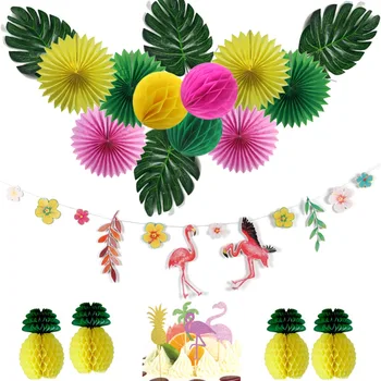 15pcs/set Hawaii Party Dekorationer Med Flamingo Guirlander palmeblade Kage Topper Til Stranden om Sommeren Tropiske festartikler